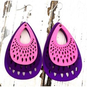 Neon Layered Teardrop Earrings Purple & Pink Laser Cut Wood